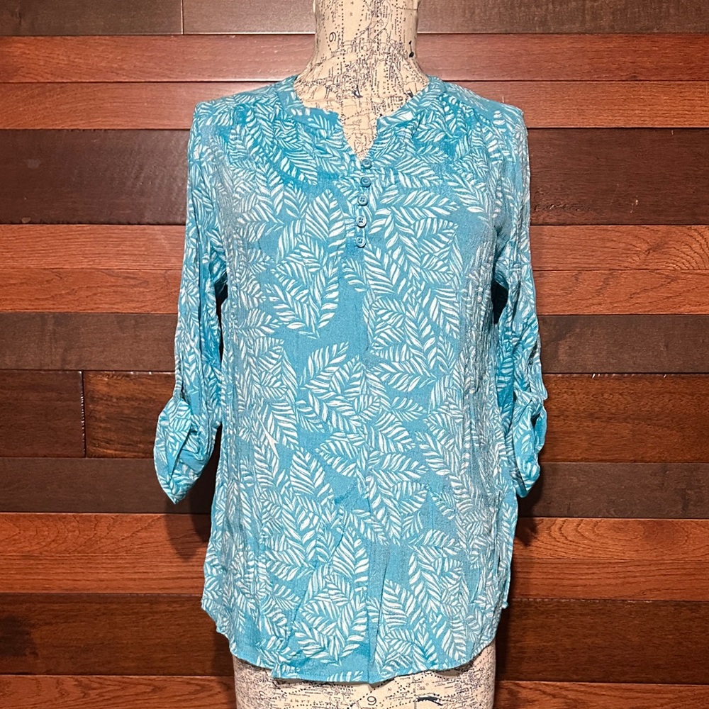 NWOT Christopher & Banks Teal Leaf Print Blouse